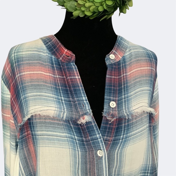 Anthropologie Cloth & Stone Red Blue Cotton Plaid Collarless Button Front Top S - Picture 7 of 13